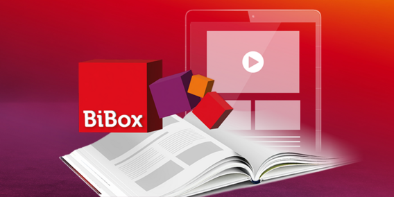 BiBox-Logo in 3D, Grafik mit Buch und Tablet